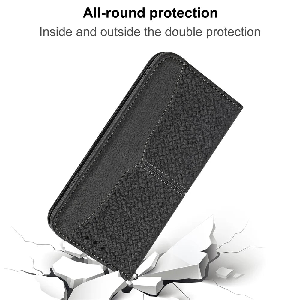 For iPhone 17 Pro Max Case Woven Texture PU Leather Wallet Phone Cover with Wrist Strap - Black - 5