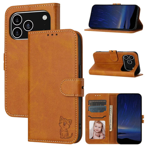 For iPhone 17 Pro Case Happy Cat Pattern Imprinted Leather Wallet Phone Cover - Yellow - 1