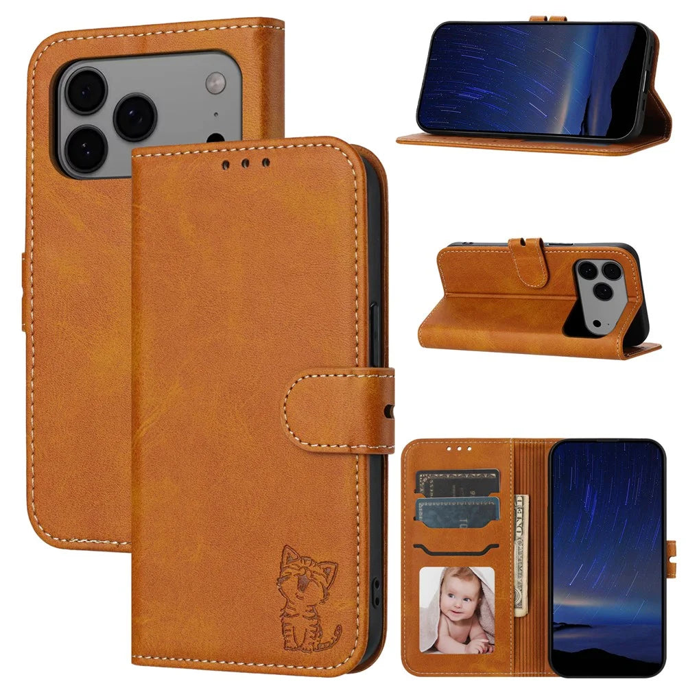 For iPhone 17 Pro Max Case Happy Cat Pattern Imprinted Leather Wallet Phone Cover - Yellow - 1