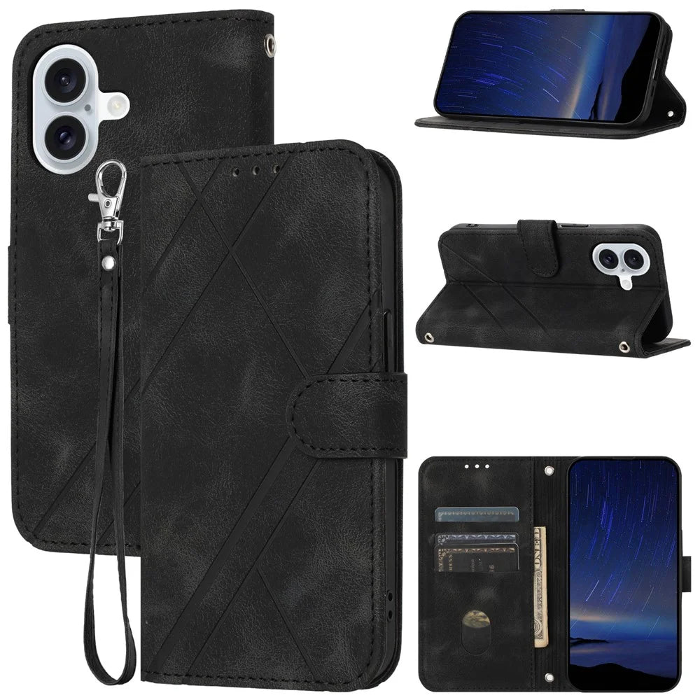 For iPhone 17 Case Imprinted Line Leather Phone Cover with Handy Strap - Black - 1