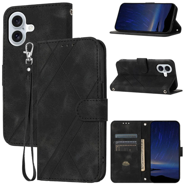 For iPhone 17 Case Imprinted Line Leather Phone Cover with Handy Strap - Black - 1