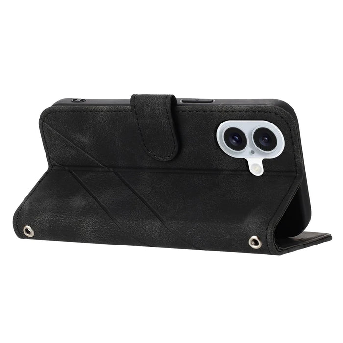 For iPhone 17 Case Imprinted Line Leather Phone Cover with Handy Strap - Black - 2