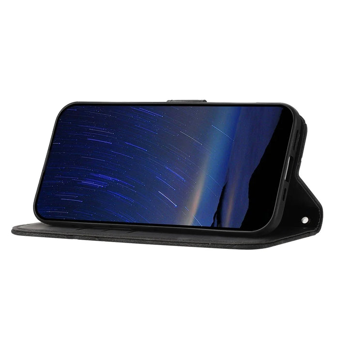 For iPhone 17 Case Imprinted Line Leather Phone Cover with Handy Strap - Black - 3
