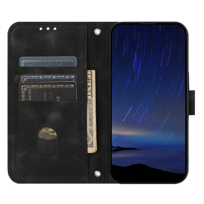 For iPhone 17 Case Imprinted Line Leather Phone Cover with Handy Strap - Black - 4