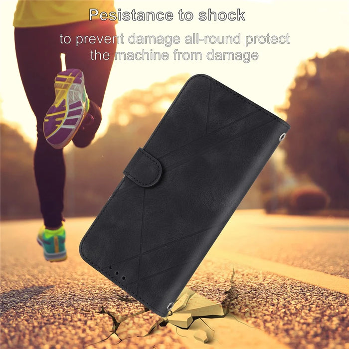 For iPhone 17 Case Imprinted Line Leather Phone Cover with Handy Strap - Black - 5