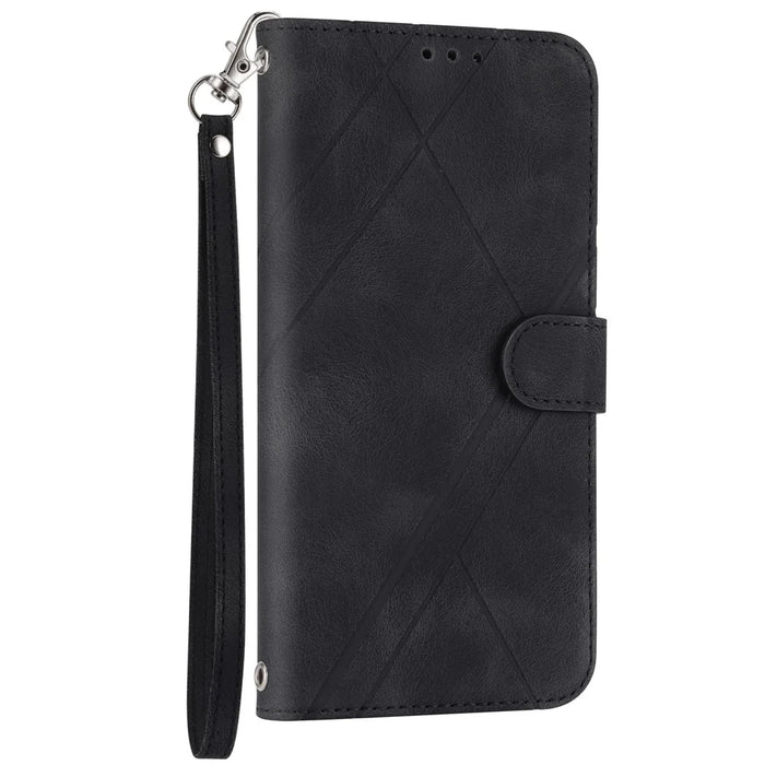 For iPhone 17 Case Imprinted Line Leather Phone Cover with Handy Strap - Black - 7