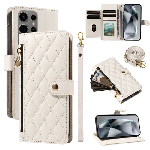 For Samsung Galaxy S24 Ultra Wallet Case with Straps, Rhombus Leather Stand Phone Cover - White - 1