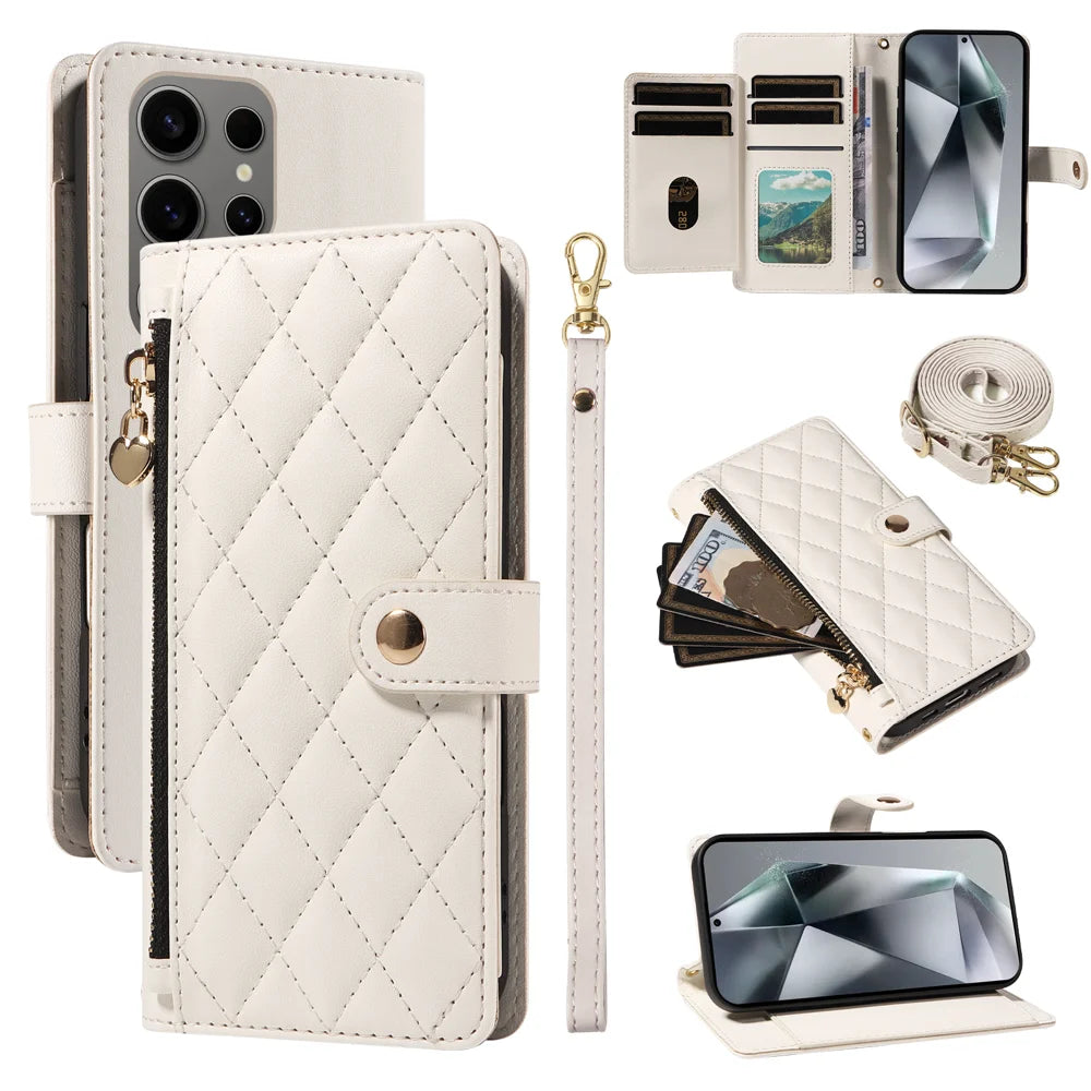 For Samsung Galaxy S24 Ultra Wallet Case with Straps, Rhombus Leather Stand Phone Cover - White - 1