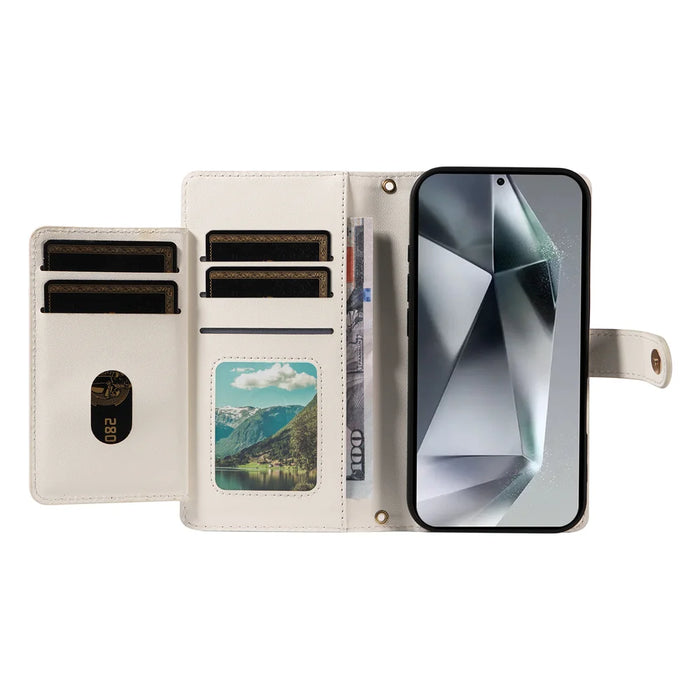 For Samsung Galaxy S24 Ultra Wallet Case with Straps, Rhombus Leather Stand Phone Cover - White - 2
