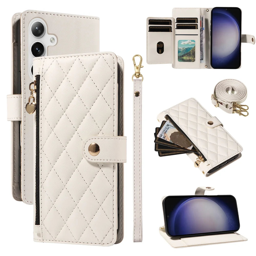 For Samsung Galaxy S24+ / Galaxy S25+ Wallet Case with Straps, Rhombus Leather Stand Phone Cover - White - 1