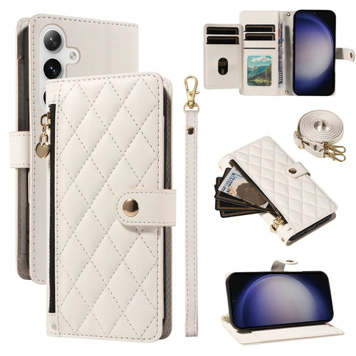 For Samsung Galaxy S24+ / Galaxy S25+ Wallet Case with Straps, Rhombus Leather Stand Phone Cover - White - 1