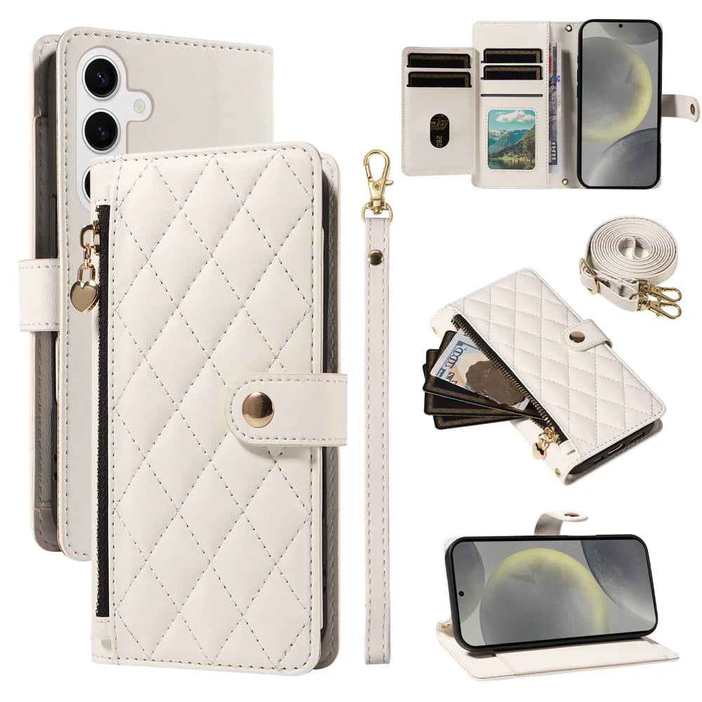 For Samsung Galaxy S24 / Galaxy S25 Wallet Case with Straps, Rhombus Leather Stand Phone Cover - White - 1