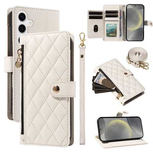 For Samsung Galaxy S24 / Galaxy S25 Wallet Case with Straps, Rhombus Leather Stand Phone Cover - White - 1