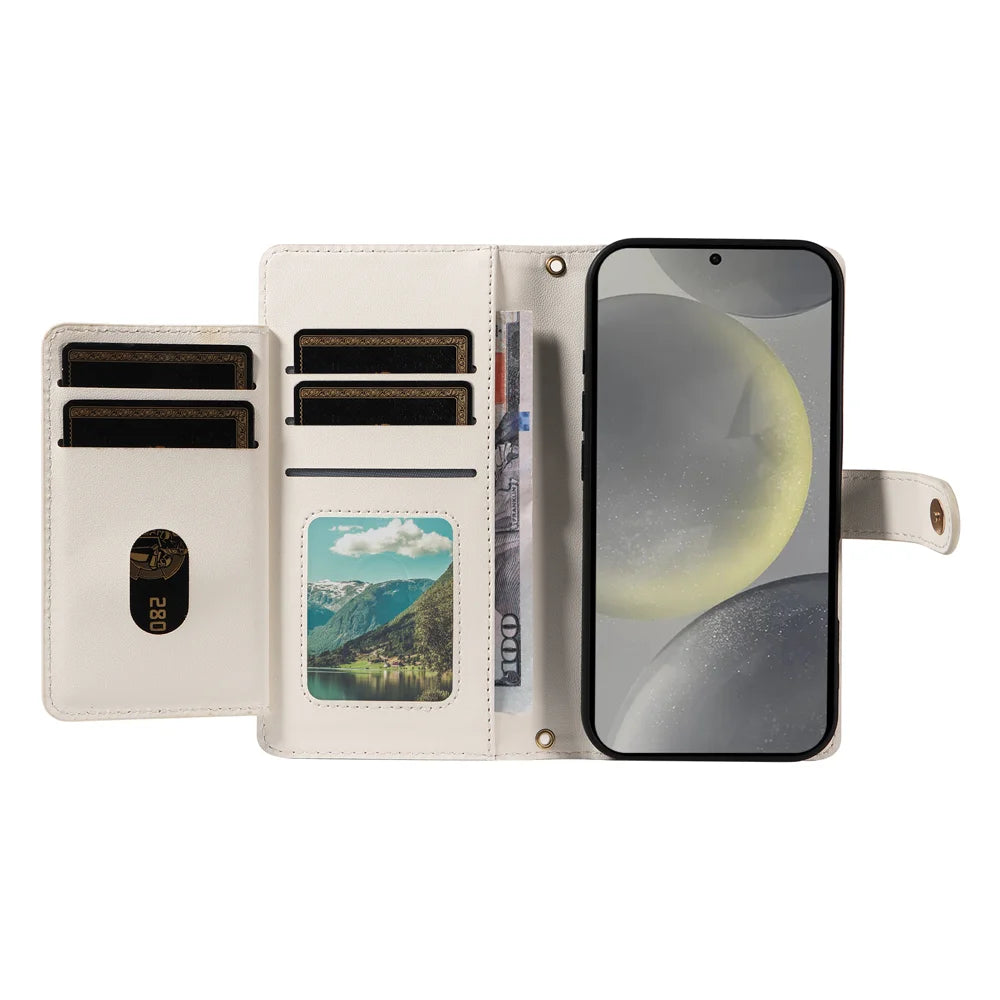 For Samsung Galaxy S24 / Galaxy S25 Wallet Case with Straps, Rhombus Leather Stand Phone Cover - White - 2