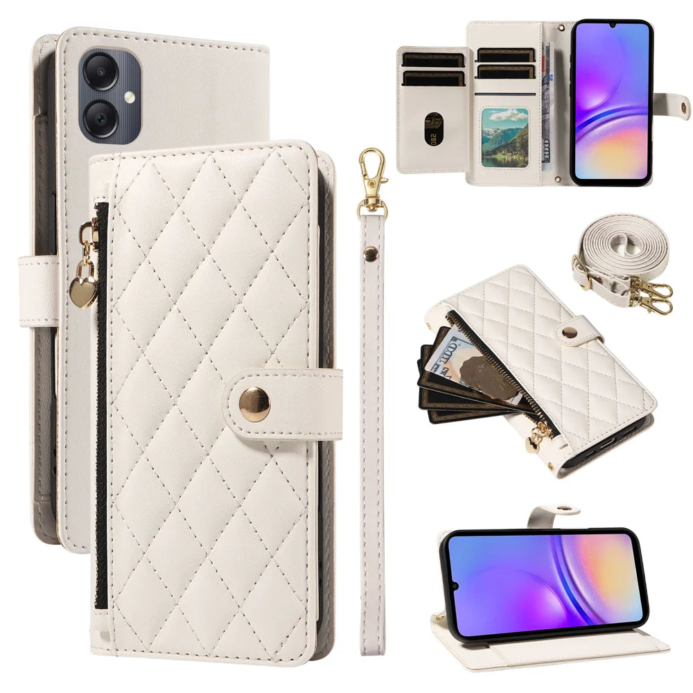 For Samsung Galaxy A08 5G / A08 4G / A07 4G / A06 4G / A06 5G Wallet Case with Straps, Rhombus Leather Stand Phone Cover - White - 1