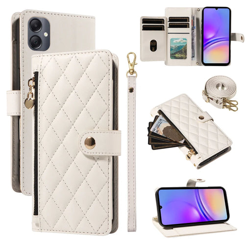For Samsung Galaxy A08 5G / A08 4G / A07 4G / A06 4G / A06 5G Wallet Case with Straps, Rhombus Leather Stand Phone Cover - White - 1