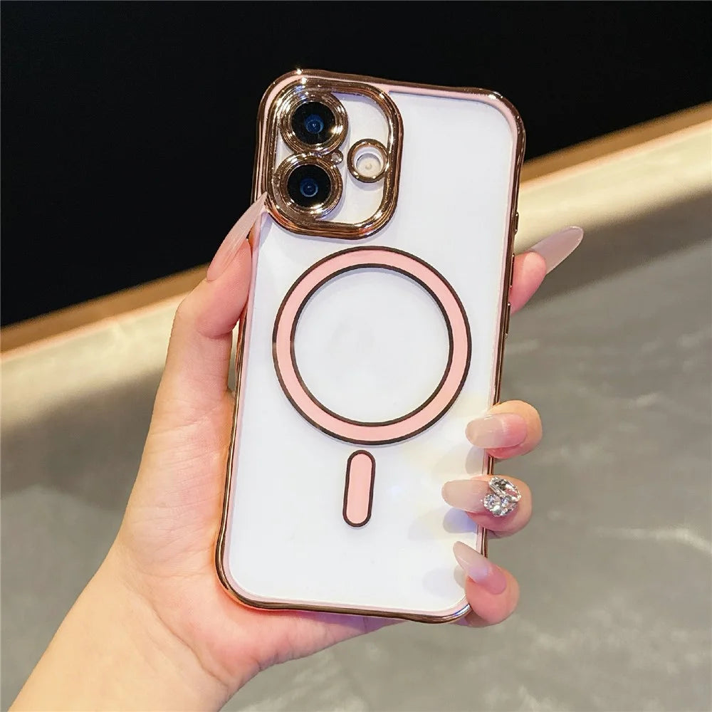 For iPhone 16 Magnetic Case Electroplated 2.0mm Acrylic TPU Phone Back Cover - Pink - 1