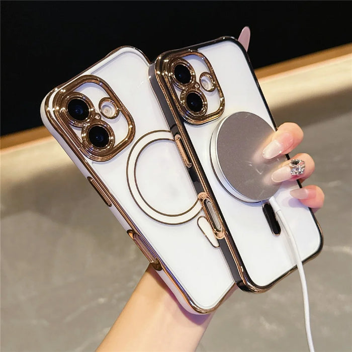 For iPhone 16 Magnetic Case Electroplated 2.0mm Acrylic TPU Phone Back Cover - Pink - 4