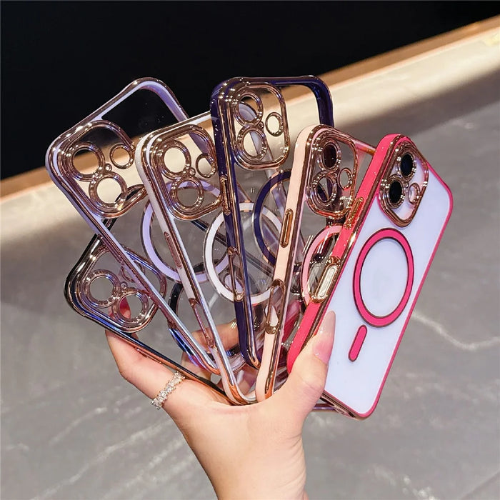 For iPhone 16 Magnetic Case Electroplated 2.0mm Acrylic TPU Phone Back Cover - Pink - 5