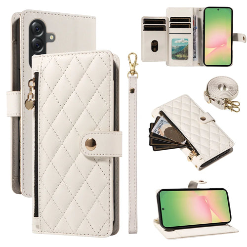 For Samsung Galaxy A56 5G / M56 5G Wallet Case with Straps, Rhombus Leather Stand Phone Cover - White - 1