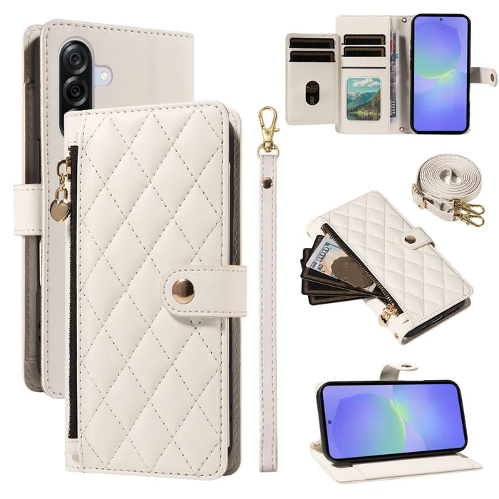 For Samsung Galaxy A36 5G Wallet Case with Straps, Rhombus Leather Stand Phone Cover - White - 1