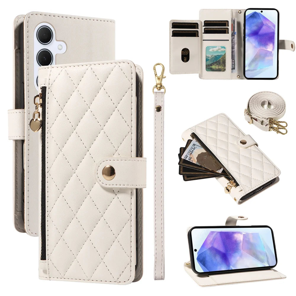 For Samsung Galaxy A55 5G Wallet Case with Straps, Rhombus Leather Stand Phone Cover - White - 1