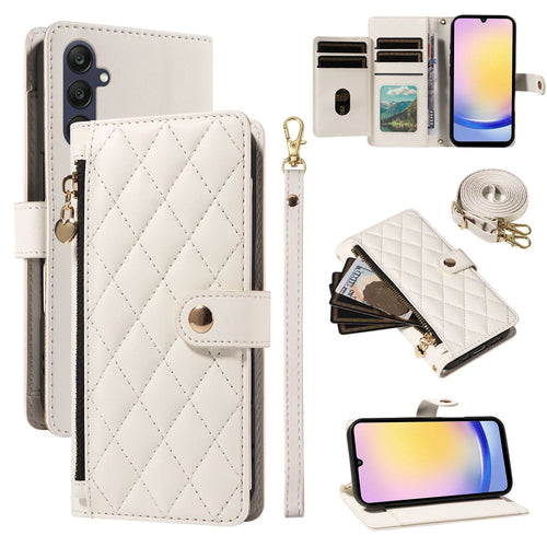 For Samsung Galaxy A25 5G (Global) (161.0 x 76.5 x 8.3mm) Wallet Case with Straps, Rhombus Leather Stand Phone Cover - White - 1