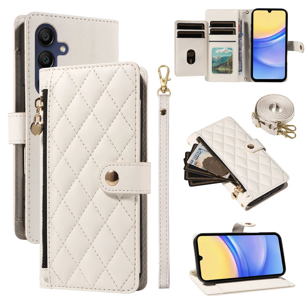 For Samsung Galaxy A15 5G / Galaxy A15 4G Wallet Case with Straps, Rhombus Leather Stand Phone Cover - White - 1