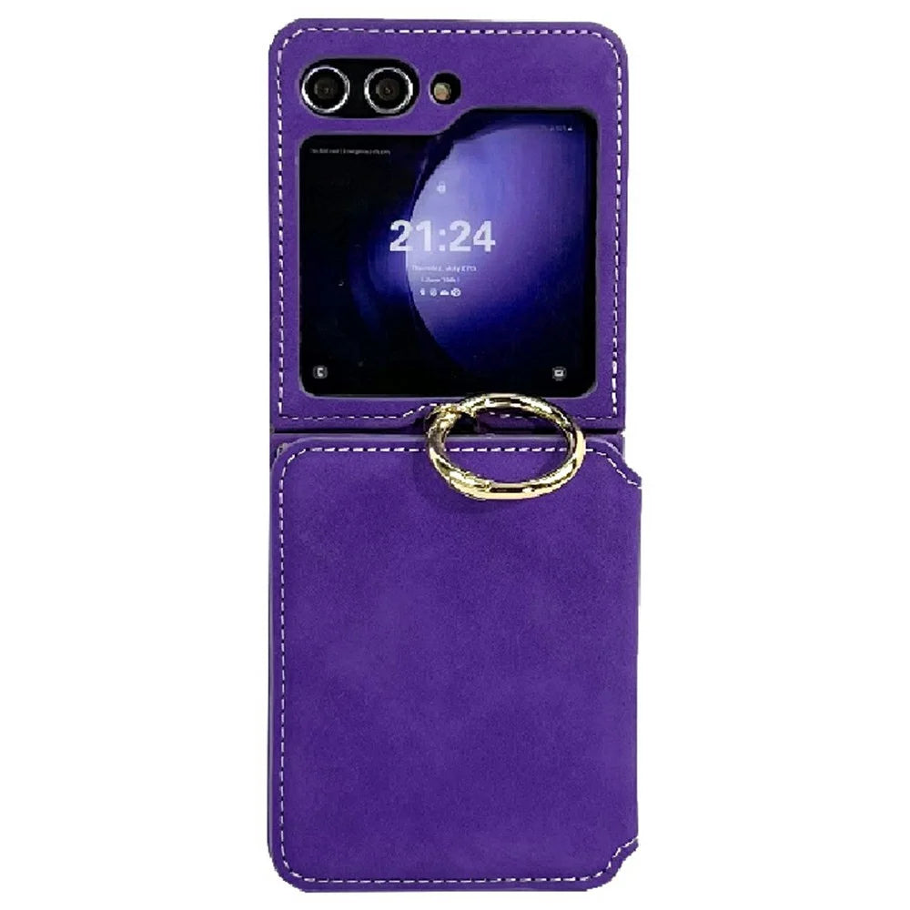 For Samsung Galaxy Z Flip7 5G Case Card Holder Ring Holder Kickstand PU + PC Phone Cover with Chain - Purple - 1