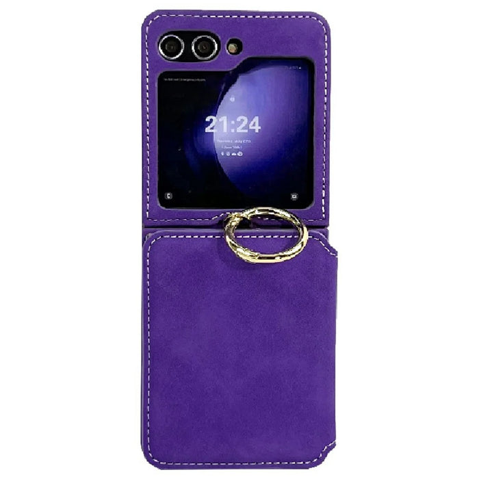 For Samsung Galaxy Z Flip7 5G Case Card Holder Ring Holder Kickstand PU + PC Phone Cover with Chain - Purple - 1