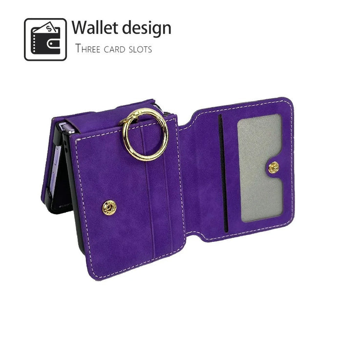 For Samsung Galaxy Z Flip7 5G Case Card Holder Ring Holder Kickstand PU + PC Phone Cover with Chain - Purple - 2