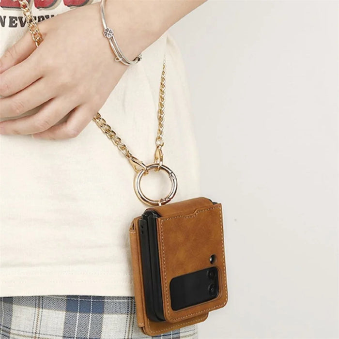 For Samsung Galaxy Z Flip7 5G Case Card Holder Ring Holder Kickstand PU + PC Phone Cover with Chain - Purple - 4