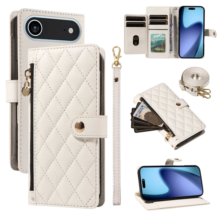 For iPhone Air Wallet Case with Straps, Rhombus Leather Stand Phone Cover - White - 1