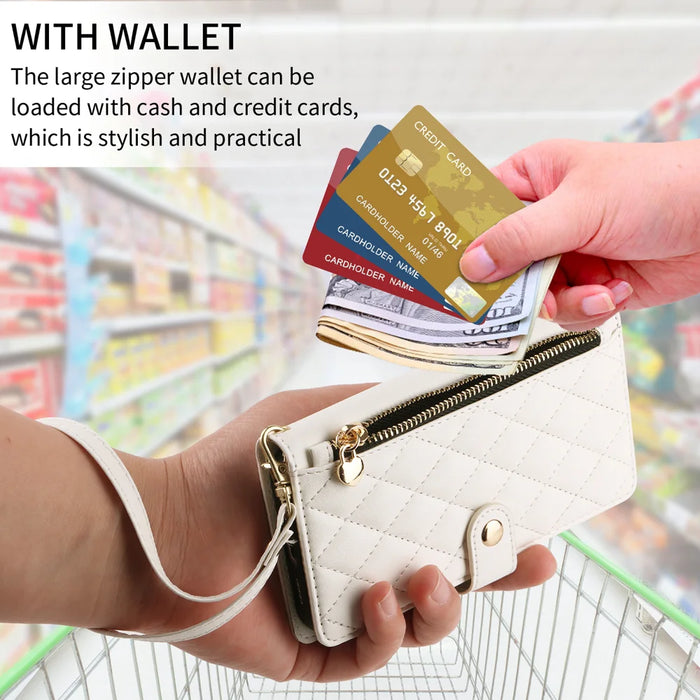 For iPhone Air Wallet Case with Straps, Rhombus Leather Stand Phone Cover - White - 4