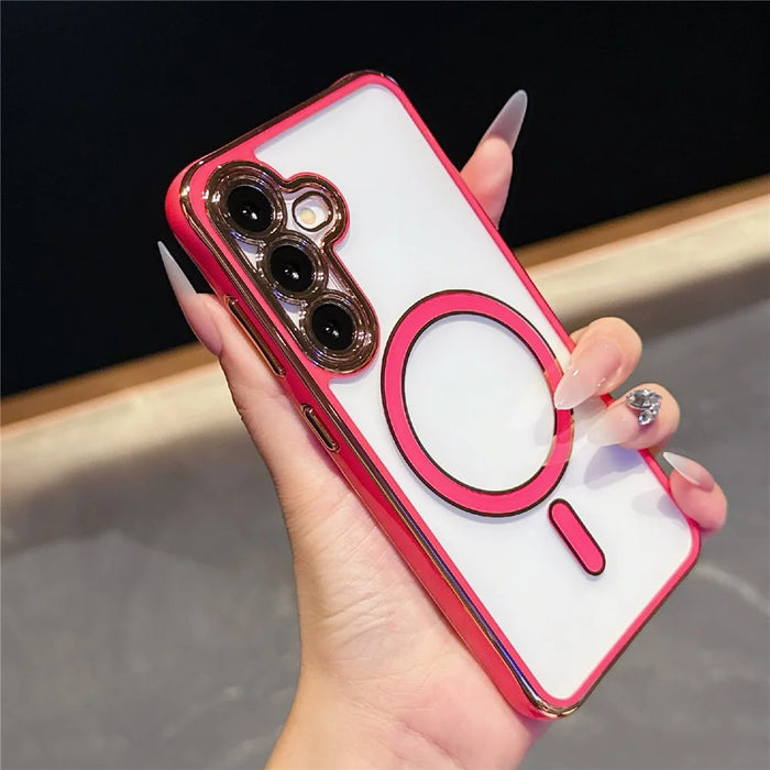 For Samsung Galaxy S25  /  S24 Magnetic Case Electroplated 2.0mm Acrylic TPU Phone Back Cover - Red - 2