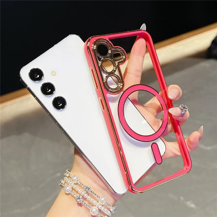 For Samsung Galaxy S25  /  S24 Magnetic Case Electroplated 2.0mm Acrylic TPU Phone Back Cover - Red - 7