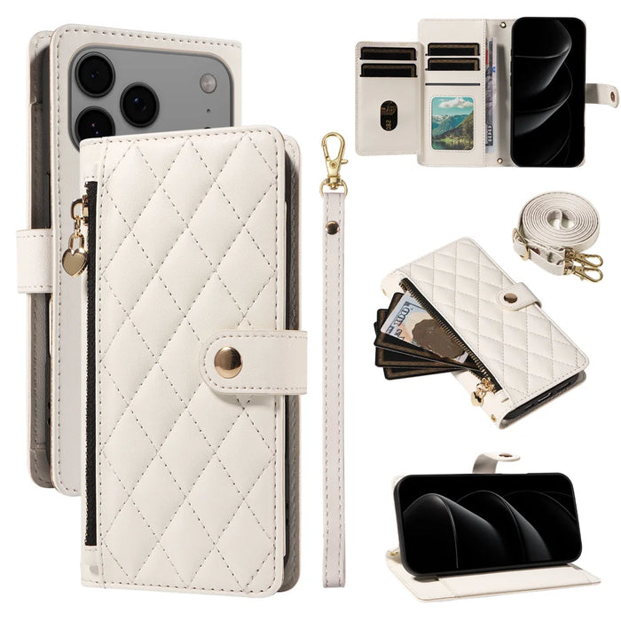 For iPhone 18 Pro Max / 17 Pro Max Wallet Case with Straps, Rhombus Leather Stand Phone Cover - White - 1