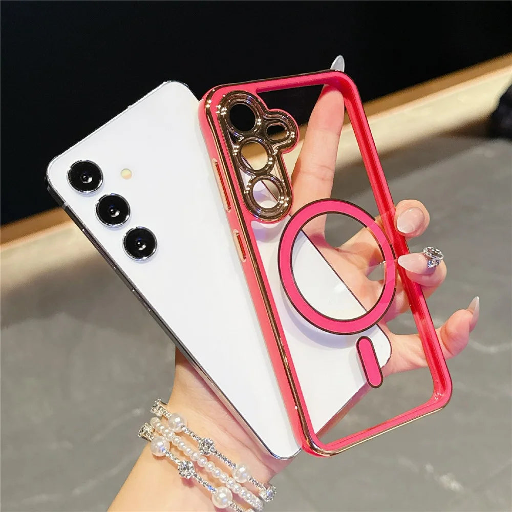 For Samsung Galaxy S25+  /  S24+ Magnetic Case Electroplated 2.0mm Acrylic TPU Phone Back Cover - Red - 7