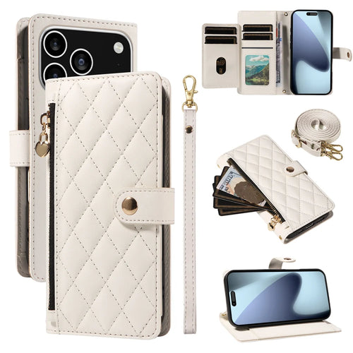 For iPhone 18 Pro / 17 Pro Wallet Case with Straps, Rhombus Leather Stand Phone Cover - White - 1