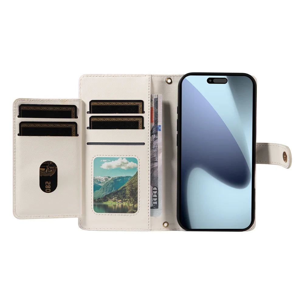 For iPhone 18 Pro / 17 Pro Wallet Case with Straps, Rhombus Leather Stand Phone Cover - White - 2
