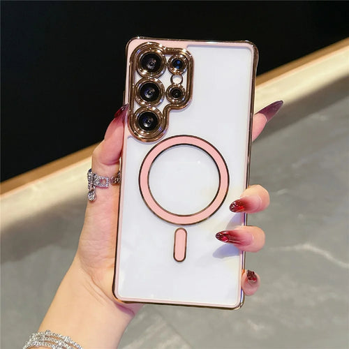 For Samsung Galaxy S25 Ultra Magnetic Case Electroplated 2.0mm Acrylic TPU Phone Back Cover - Pink - 1