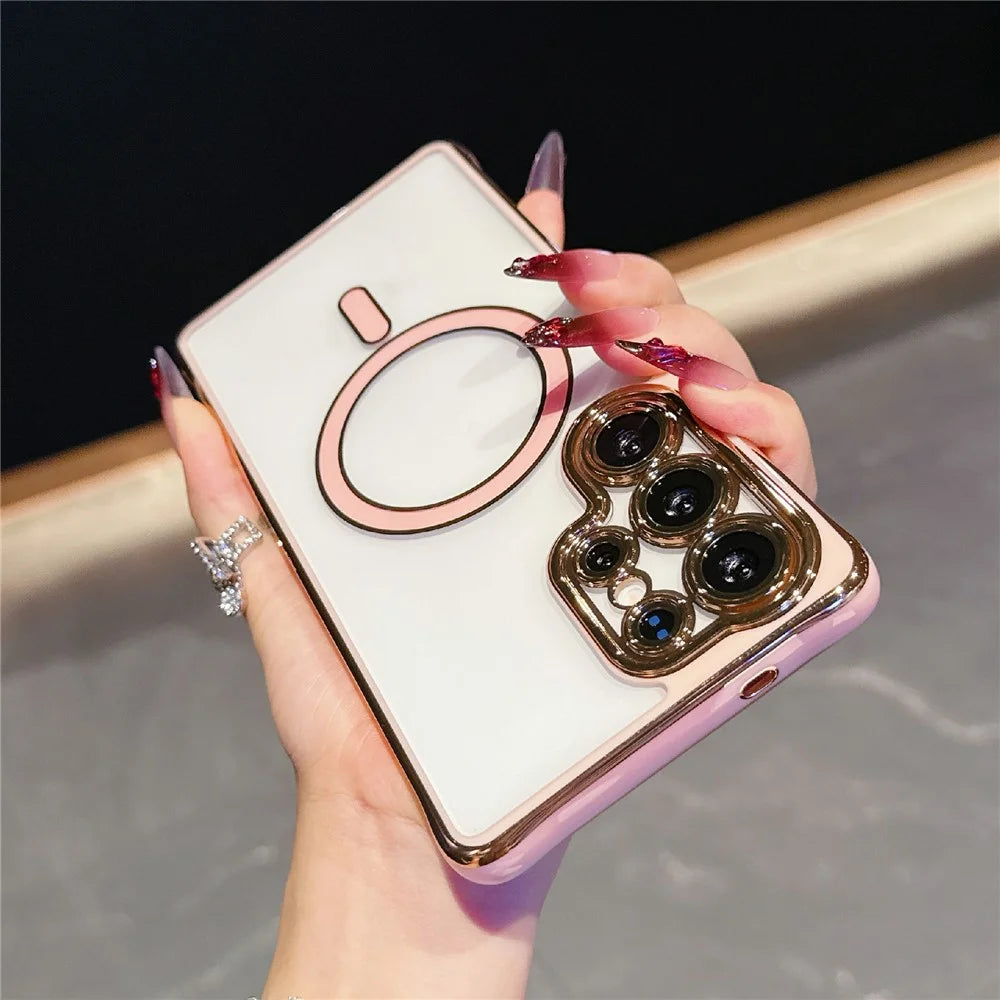 For Samsung Galaxy S25 Ultra Magnetic Case Electroplated 2.0mm Acrylic TPU Phone Back Cover - Pink - 3