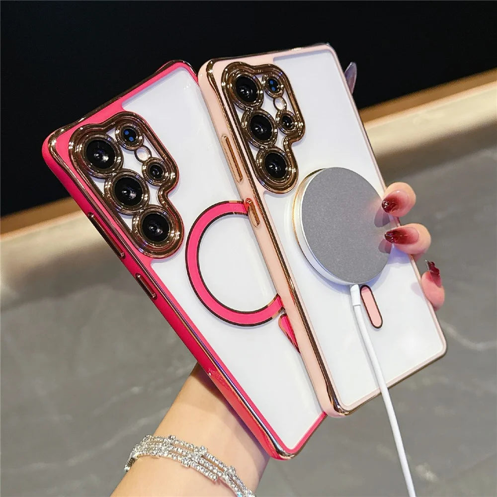 For Samsung Galaxy S25 Ultra Magnetic Case Electroplated 2.0mm Acrylic TPU Phone Back Cover - Pink - 4