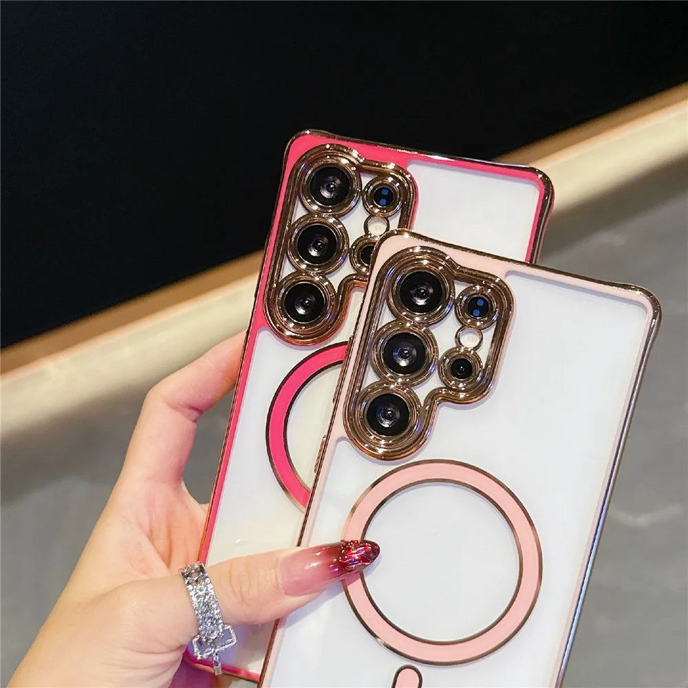 For Samsung Galaxy S25 Ultra Magnetic Case Electroplated 2.0mm Acrylic TPU Phone Back Cover - Pink - 7