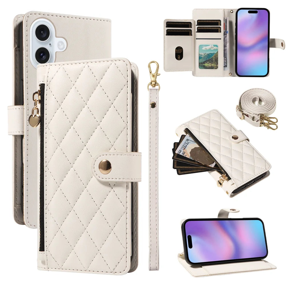 For iPhone 17 Wallet Case with Straps, Rhombus Leather Stand Phone Cover - White - 1