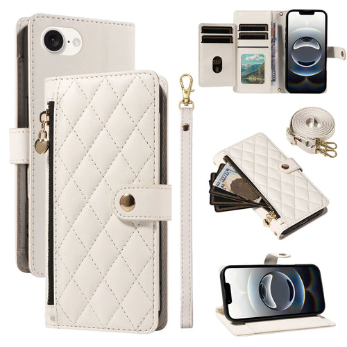 For iPhone 17e / 16e Wallet Case with Straps, Rhombus Leather Stand Phone Cover - White - 1
