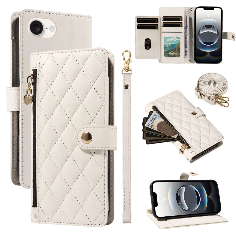 For iPhone 17e / 16e Wallet Case with Straps, Rhombus Leather Stand Phone Cover - White - 1
