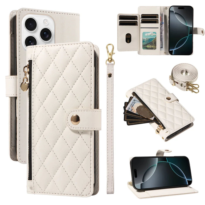 For iPhone 16 Pro Max Wallet Case with Straps, Rhombus Leather Stand Phone Cover - White - 1