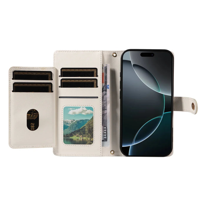 For iPhone 16 Pro Max Wallet Case with Straps, Rhombus Leather Stand Phone Cover - White - 2