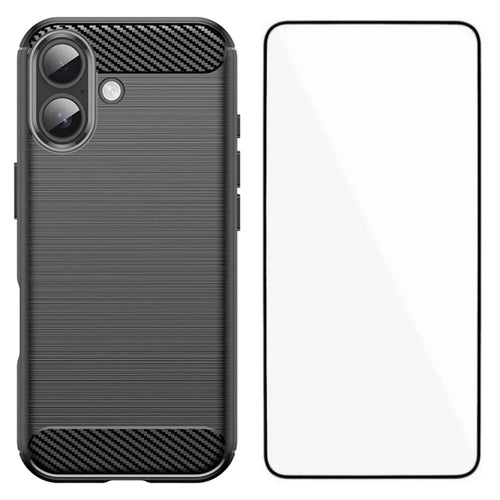 WANLONFENG LS Series For iPhone 17 Case with Screen Film, Brushed Texture Shockproof TPU Phone Cover - Black - 1